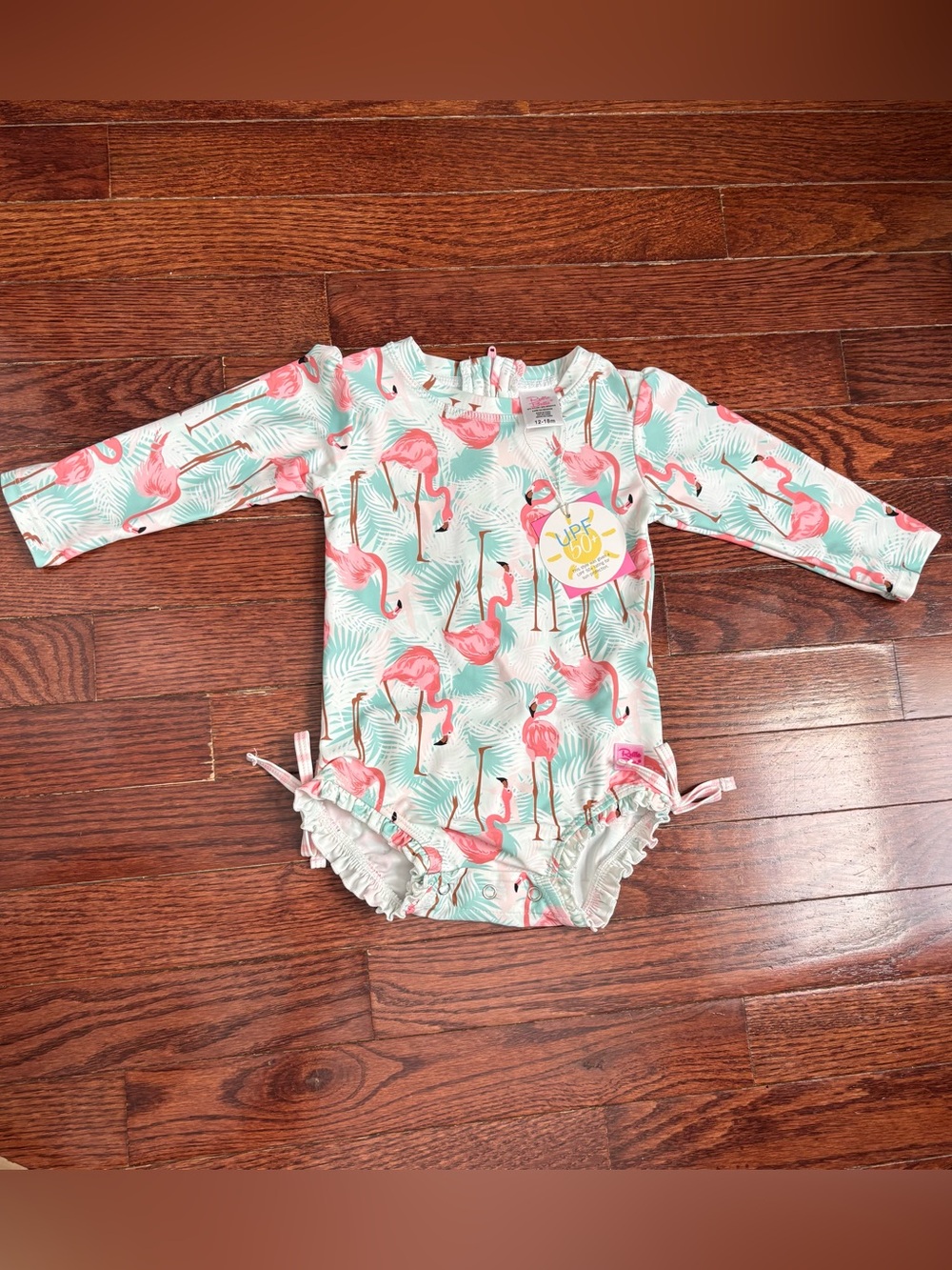 Ruffle Butts Flamingo Print Long Sleeve Baby Swimsuit